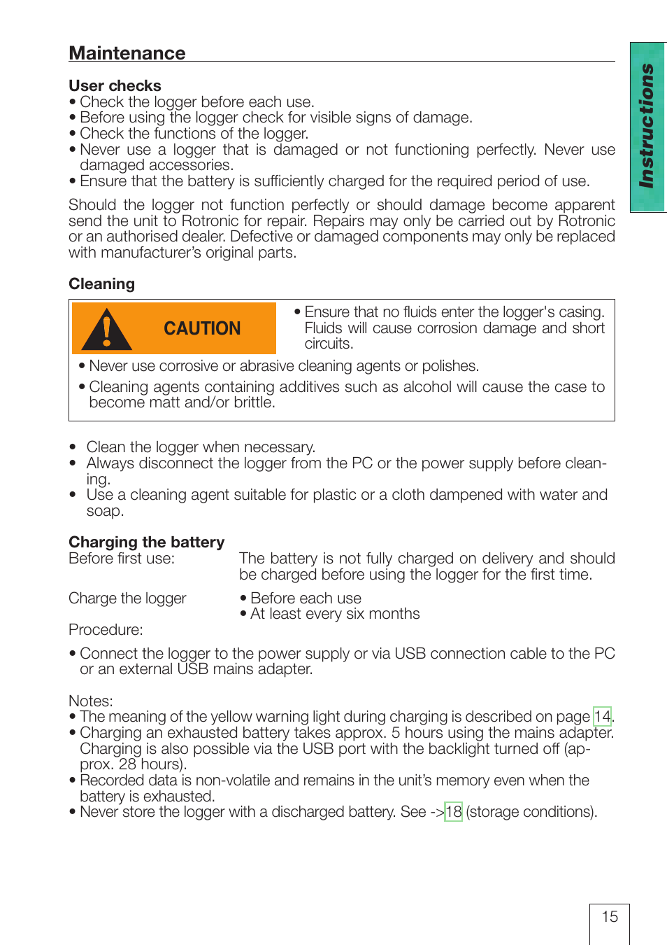 Maintenance, User checks, Cleaning | Charging the battery, Instructions, Caution | ROTRONIC LOG-HC2 Universal Datalogger User Manual | Page 15 / 60