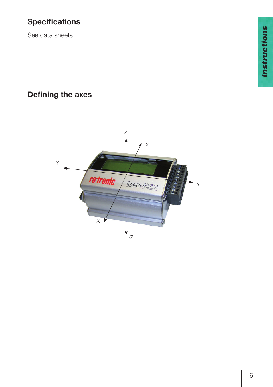 Specifications, Defining the axes, Instructions | ROTRONIC LOG-HC2 Universal Datalogger User Manual | Page 16 / 60