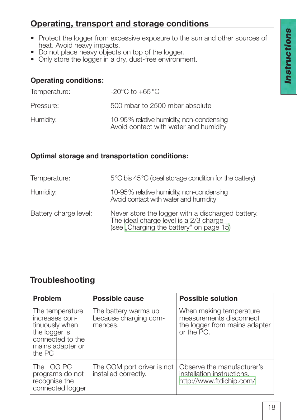 Operating, transport and storage conditions, Troubleshooting, Instructions | ROTRONIC LOG-HC2 Universal Datalogger User Manual | Page 18 / 60