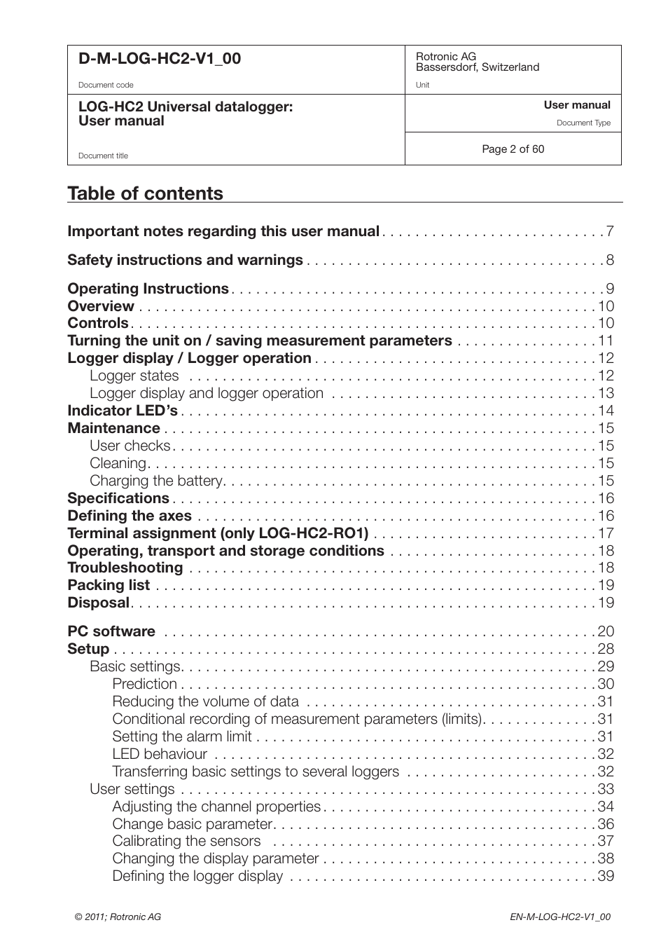ROTRONIC LOG-HC2 Universal Datalogger User Manual | Page 2 / 60