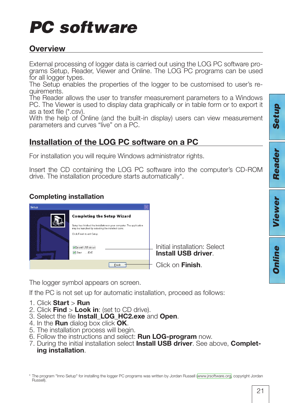 Pc software, Setup reader v iewer online overview, Installation of the log pc software on a pc | ROTRONIC LOG-HC2 Universal Datalogger User Manual | Page 21 / 60