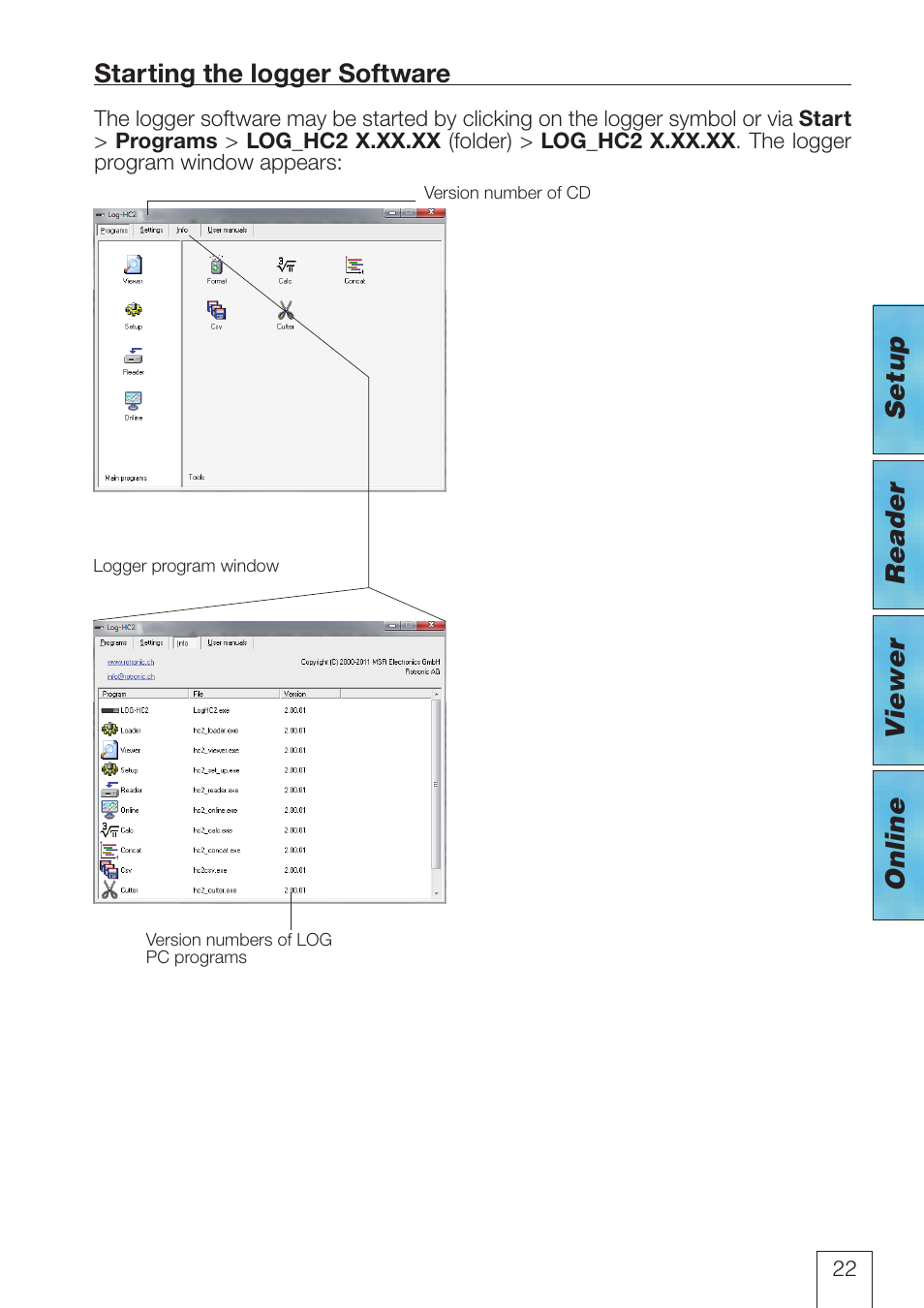 Setup reader v iewer online, Starting the logger software | ROTRONIC LOG-HC2 Universal Datalogger User Manual | Page 22 / 60