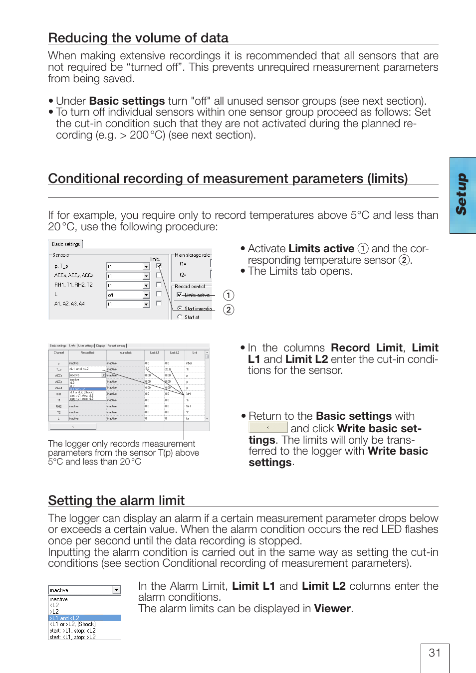 Reducing the volume of data, Setting the alarm limit, Parameters ->31 | Setup | ROTRONIC LOG-HC2 Universal Datalogger User Manual | Page 31 / 60