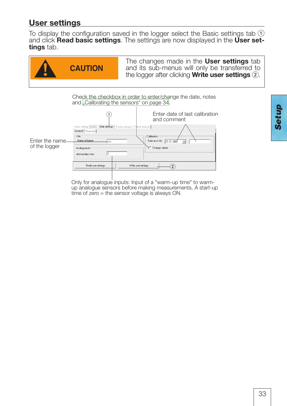 User settings, Setup user settings, Caution | ROTRONIC LOG-HC2 Universal Datalogger User Manual | Page 33 / 60
