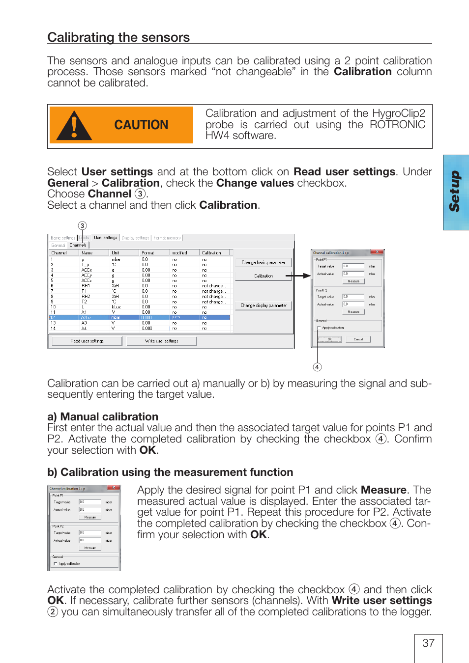 Calibrating the sensors, Setup calibrating the sensors, Caution | ROTRONIC LOG-HC2 Universal Datalogger User Manual | Page 37 / 60