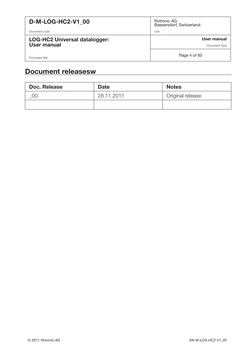 Document releasesw, D-m-log-hc2-v1_00 | ROTRONIC LOG-HC2 Universal Datalogger User Manual | Page 4 / 60