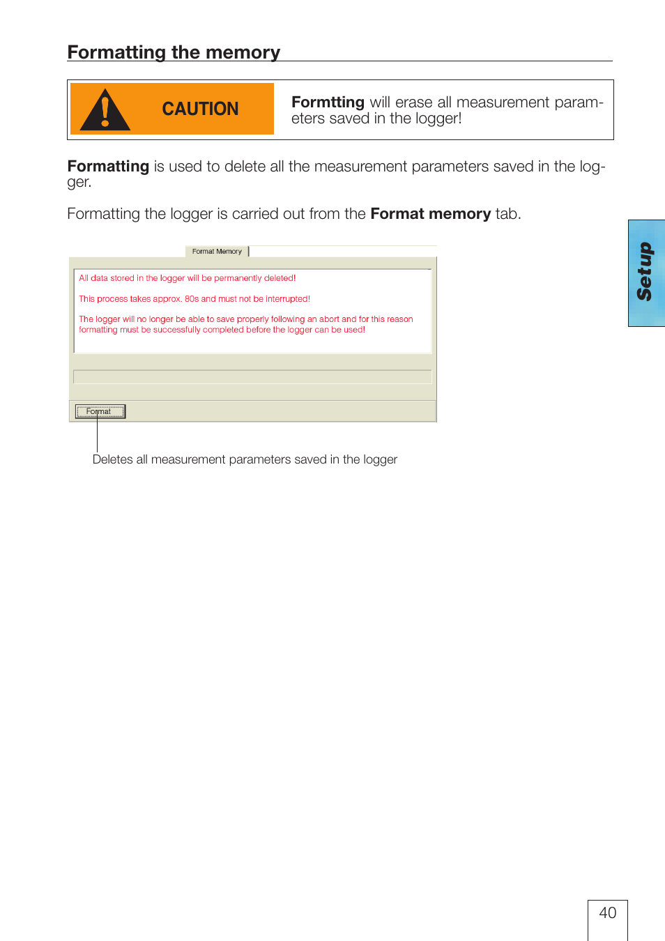 Formatting the memory, Setup | ROTRONIC LOG-HC2 Universal Datalogger User Manual | Page 40 / 60