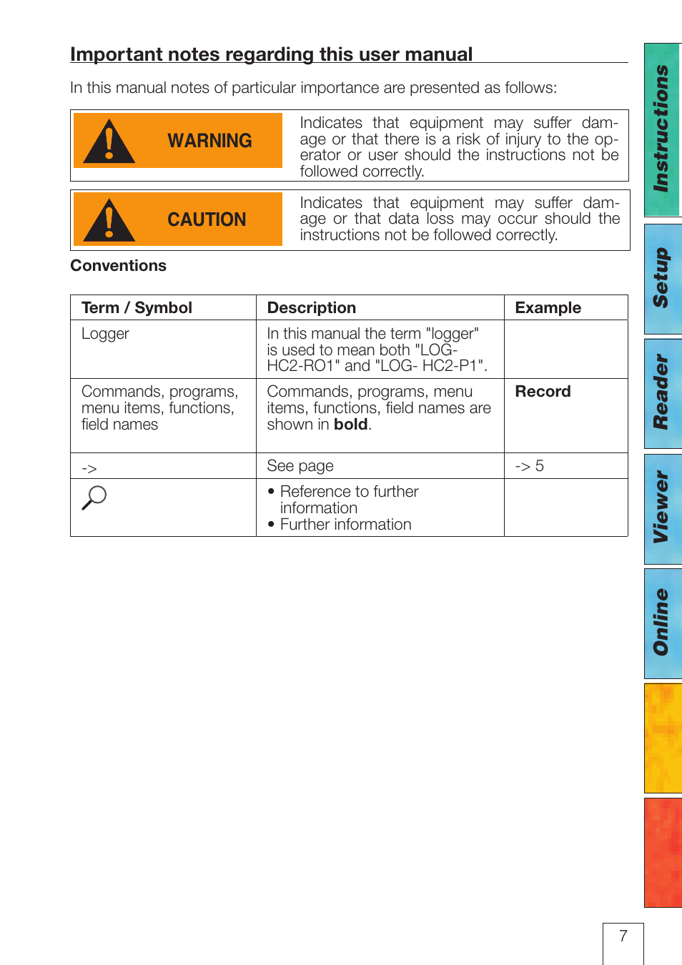 Important notes regarding this user manual, Instructions, Warning | Setup reader | ROTRONIC LOG-HC2 Universal Datalogger User Manual | Page 7 / 60
