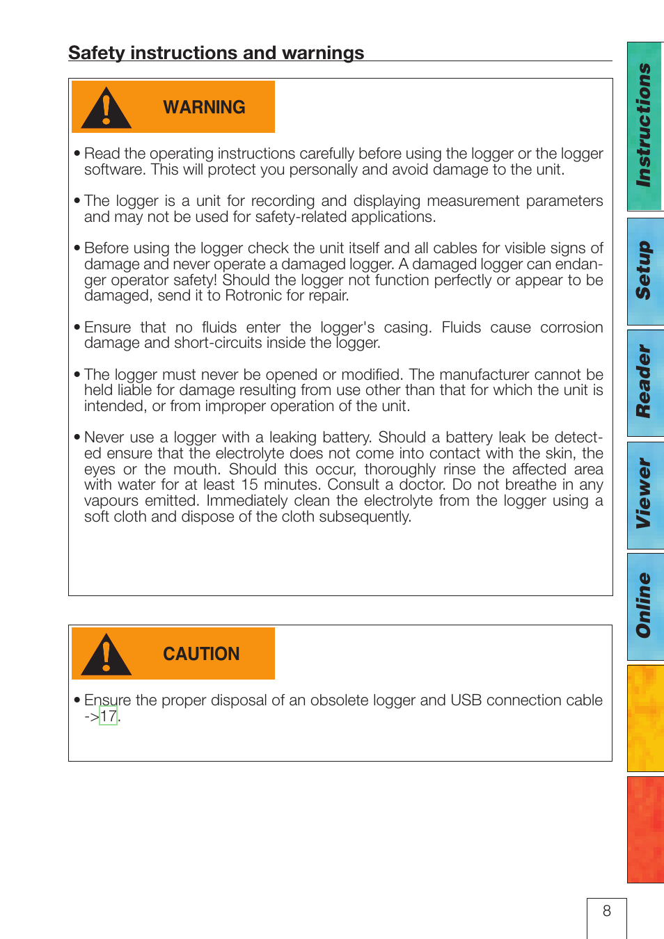 Safety instructions and warnings, Instructions, Viewer online safety instructions and warnings | Setup reader | ROTRONIC LOG-HC2 Universal Datalogger User Manual | Page 8 / 60
