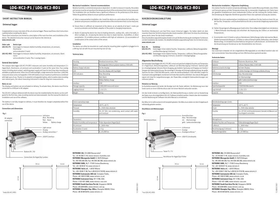 ROTRONIC LOG-HC2 Universal Datalogger User Manual | 2 pages