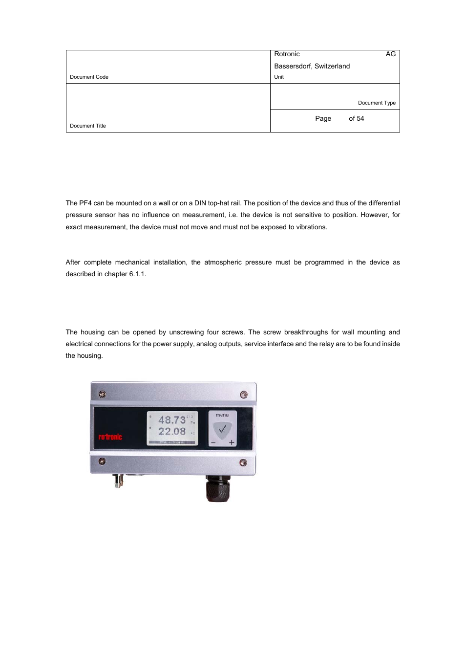 E-m-pf4-v1_00, 4mechanical installation | ROTRONIC PF4 User Manual | Page 17 / 54