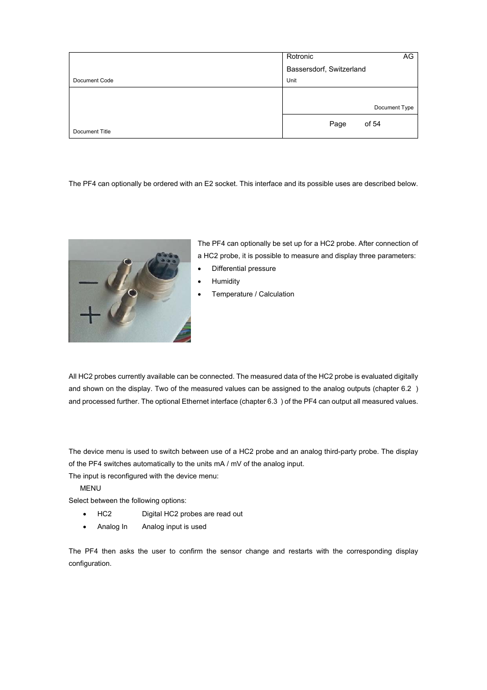 E-m-pf4-v1_00, 5 hc2 / analog connection | ROTRONIC PF4 User Manual | Page 19 / 54