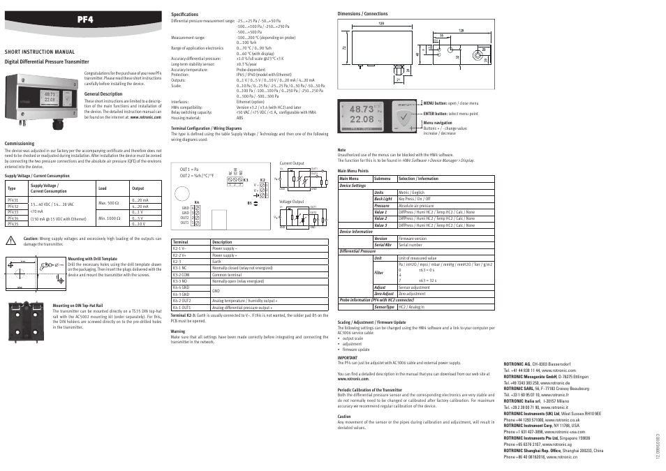 ROTRONIC PF4 User Manual | 4 pages