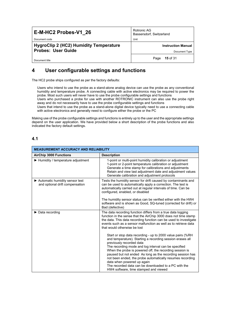 E-m-hc2 probes-v1_26, 4user configurable settings and functions, 1 function overview | ROTRONIC HC2 User Manual | Page 15 / 31