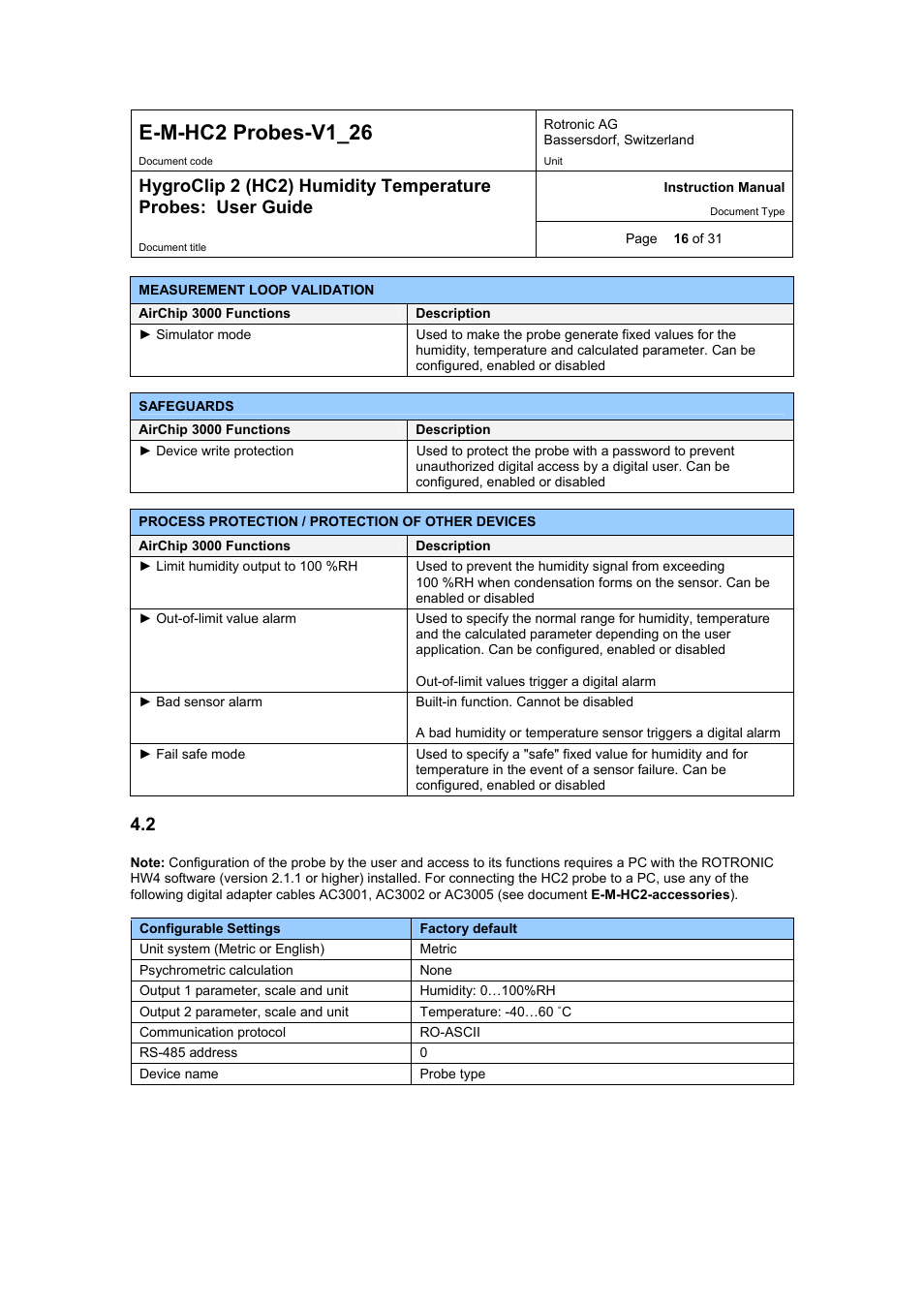 E-m-hc2 probes-v1_26, 2 factory default settings | ROTRONIC HC2 User Manual | Page 16 / 31