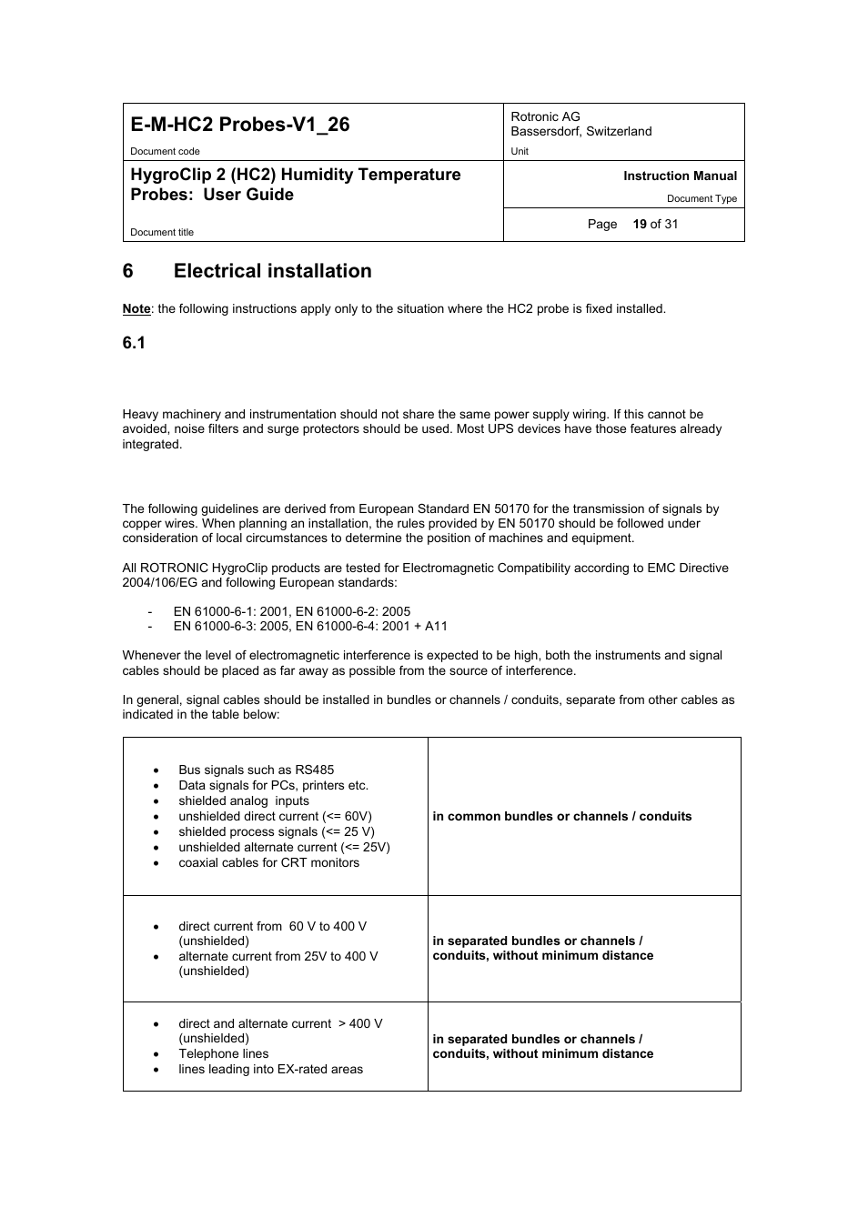 E-m-hc2 probes-v1_26, 6electrical installation, 1 general guidelines for fixed installation | ROTRONIC HC2 User Manual | Page 19 / 31