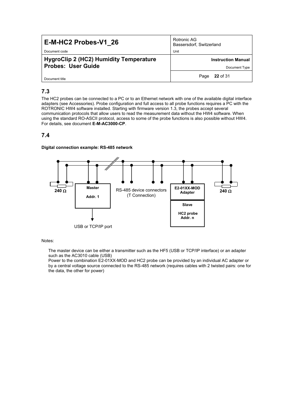 E-m-hc2 probes-v1_26, 4 connectivity examples for stand-alone probes | ROTRONIC HC2 User Manual | Page 22 / 31