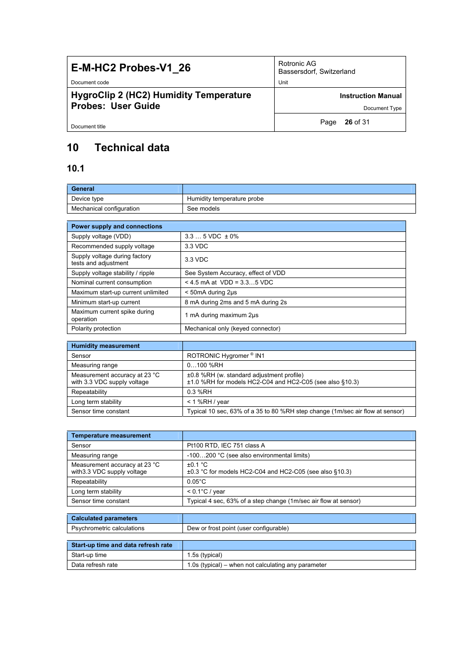 E-m-hc2 probes-v1_26, 10 technical data, 1 specifications | ROTRONIC HC2 User Manual | Page 26 / 31
