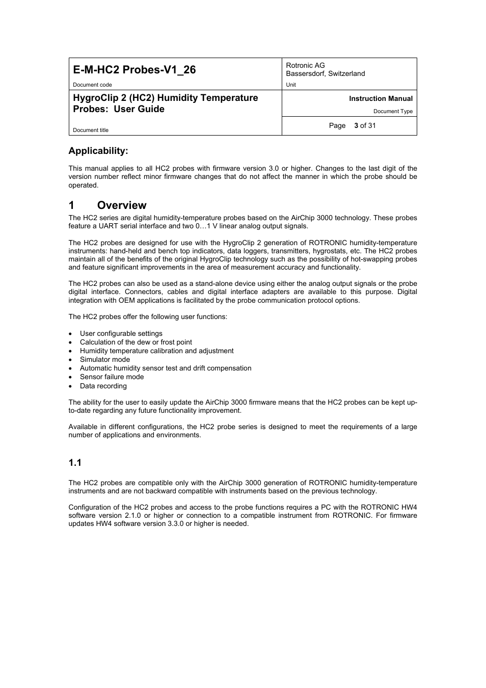 E-m-hc2 probes-v1_26, 1overview | ROTRONIC HC2 User Manual | Page 3 / 31