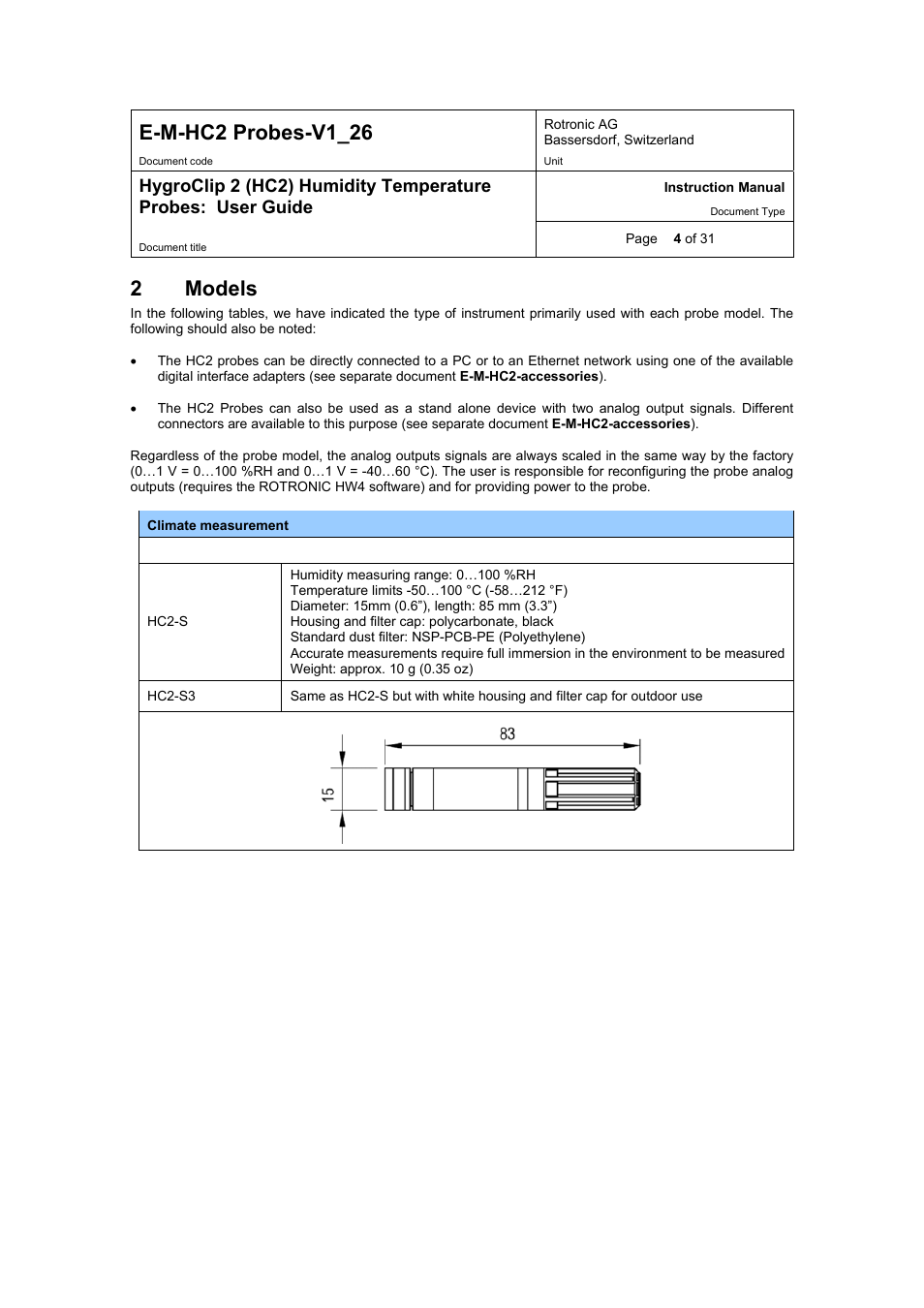 E-m-hc2 probes-v1_26, 2models | ROTRONIC HC2 User Manual | Page 4 / 31