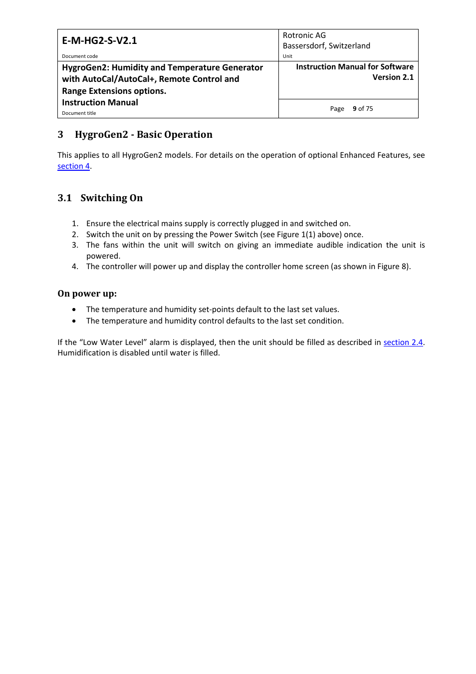3 hygrogen2 - basic operation, 1 switching on, E-m-hg2-s-v2.1 | ROTRONIC Hygrogen2 User Manual | Page 13 / 75