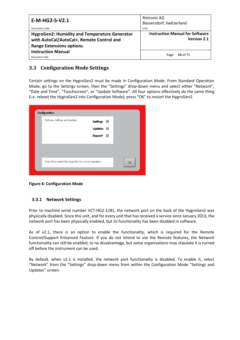 3 configuration mode settings, 1 network settings, E-m-hg2-s-v2.1 | ROTRONIC Hygrogen2 User Manual | Page 18 / 75