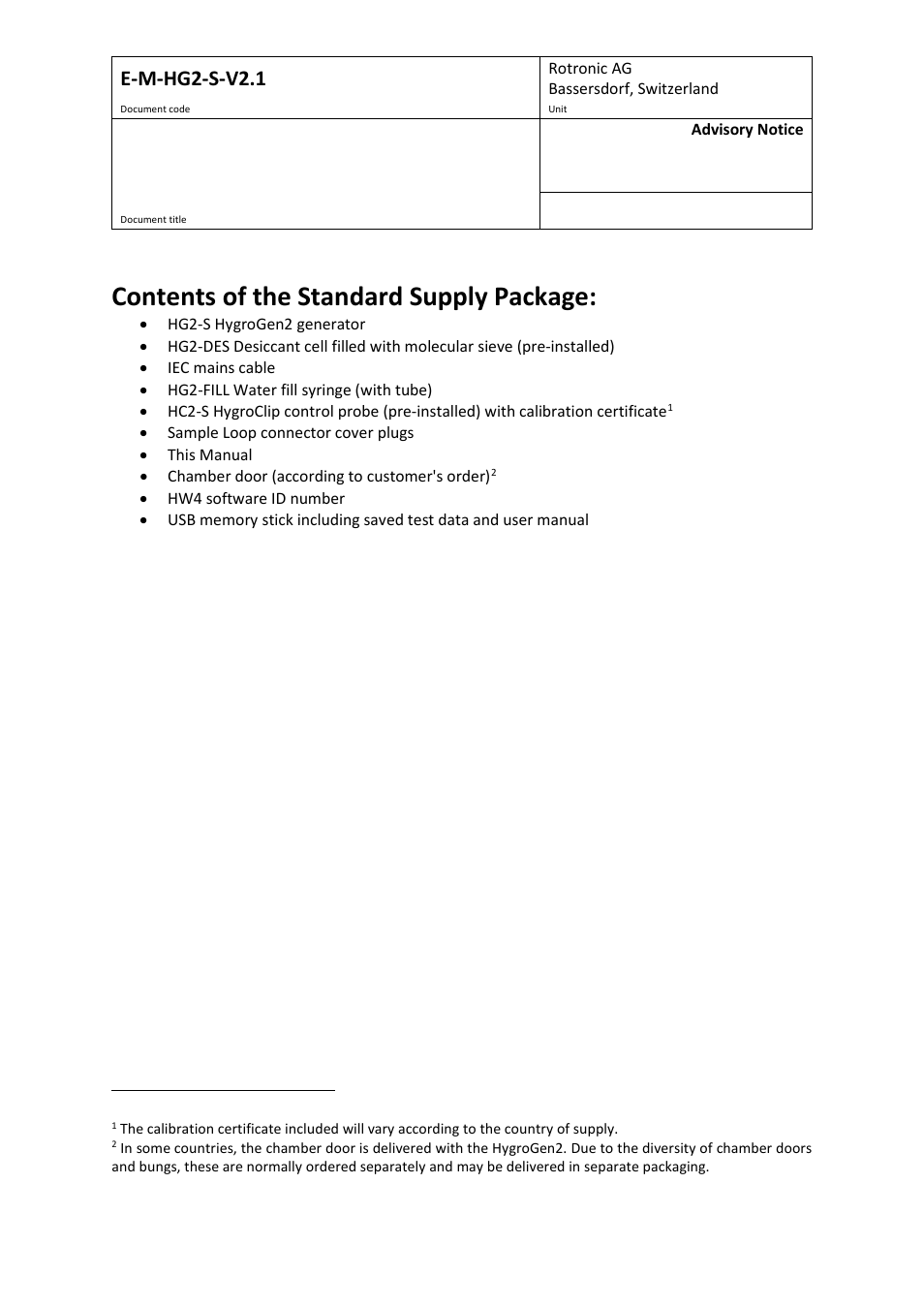 Contents of the standard supply package, E-m-hg2-s-v2.1 | ROTRONIC Hygrogen2 User Manual | Page 2 / 75