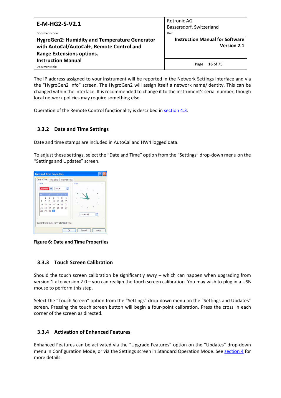2 date and time settings, 3 touch screen calibration, 4 activation of enhanced features | E-m-hg2-s-v2.1 | ROTRONIC Hygrogen2 User Manual | Page 20 / 75