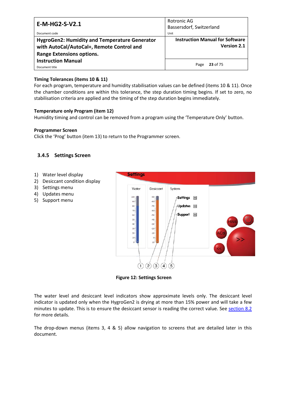 5 settings screen, Settings screen, Section 3.4.5 | E-m-hg2-s-v2.1 | ROTRONIC Hygrogen2 User Manual | Page 27 / 75