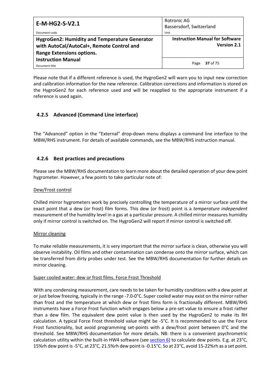 5 advanced (command line interface), 6 best practices and precautions, E-m-hg2-s-v2.1 | ROTRONIC Hygrogen2 User Manual | Page 41 / 75