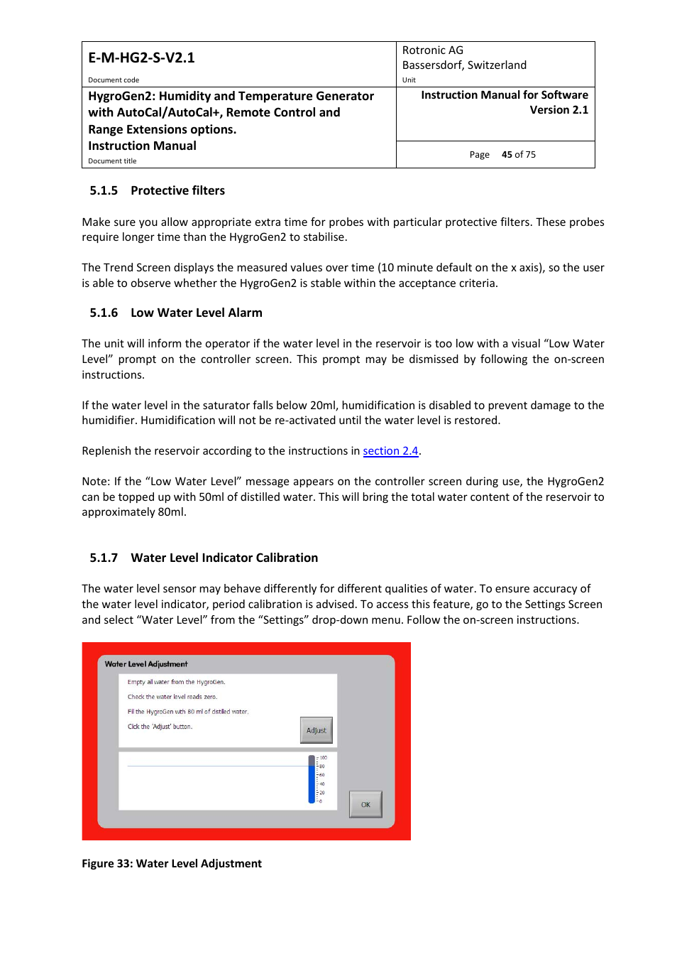 5 protective filters, 6 low water level alarm, 7 water level indicator calibration | E-m-hg2-s-v2.1 | ROTRONIC Hygrogen2 User Manual | Page 49 / 75