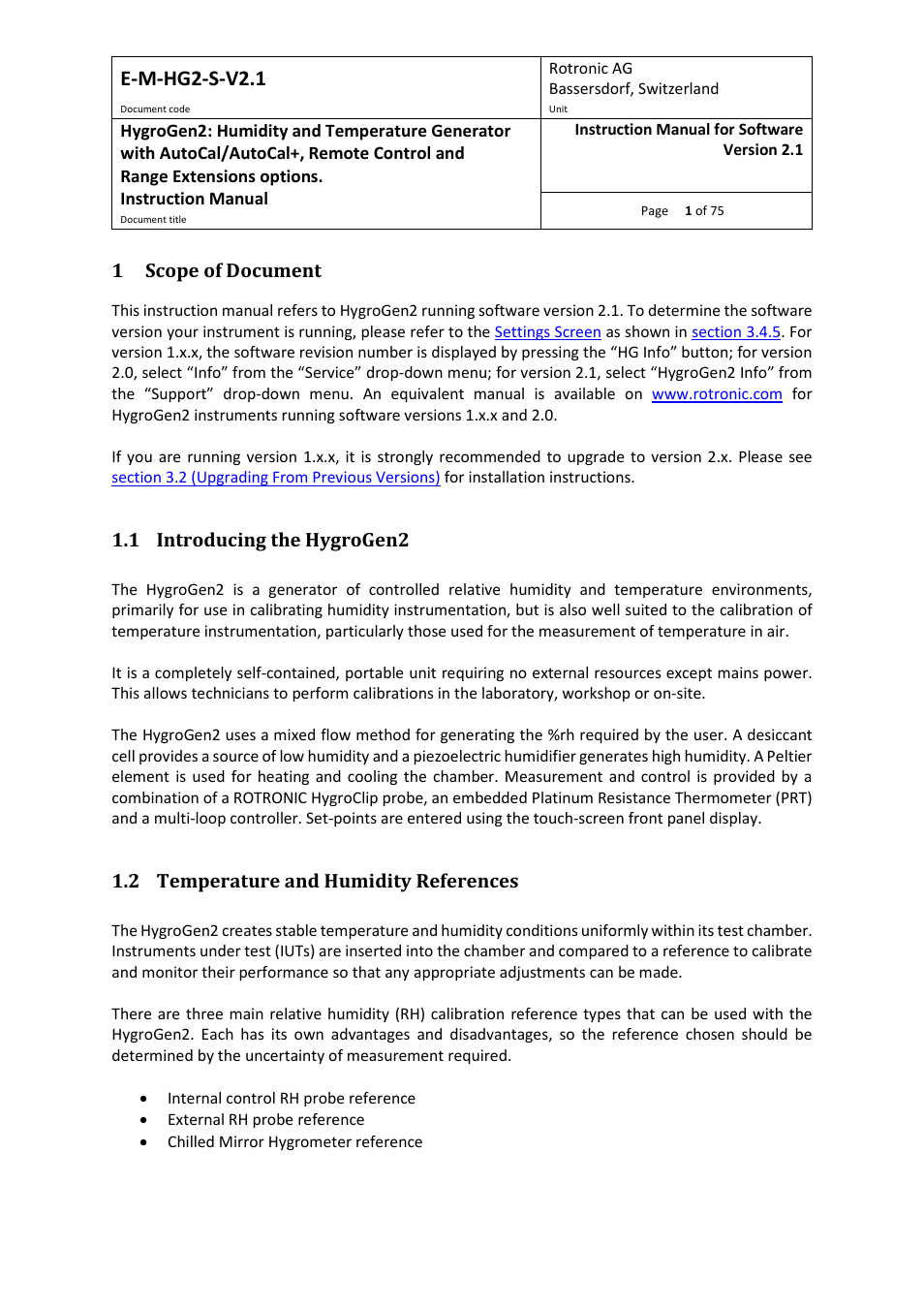 1 scope of document, 1 introducing the hygrogen2, 2 temperature and humidity references | E-m-hg2-s-v2.1 | ROTRONIC Hygrogen2 User Manual | Page 5 / 75