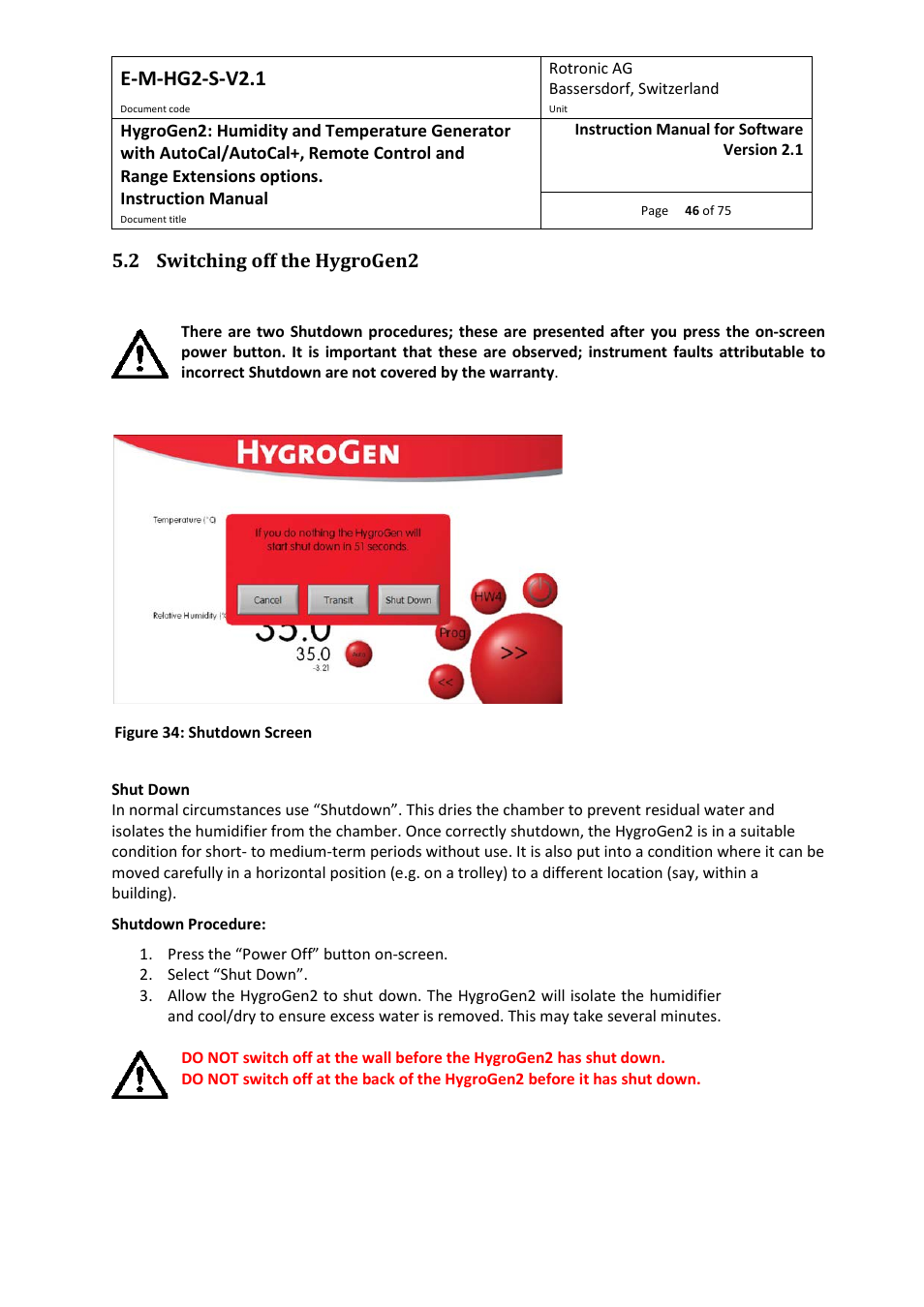 2 switching off the hygrogen2, E-m-hg2-s-v2.1 | ROTRONIC Hygrogen2 User Manual | Page 50 / 75