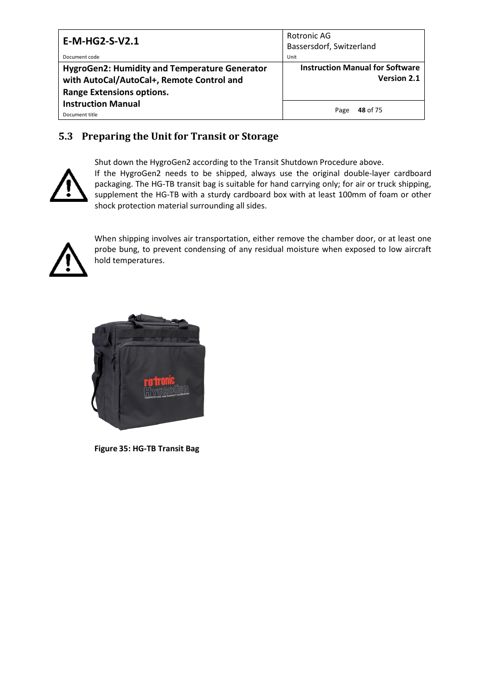 3 preparing the unit for transit or storage, Section 5.3, Preparing the unit for transit or storage | E-m-hg2-s-v2.1 | ROTRONIC Hygrogen2 User Manual | Page 52 / 75