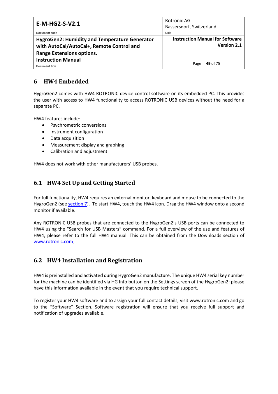 6 hw4 embedded, 1 hw4 set up and getting started, 2 hw4 installation and registration | E-m-hg2-s-v2.1 | ROTRONIC Hygrogen2 User Manual | Page 53 / 75