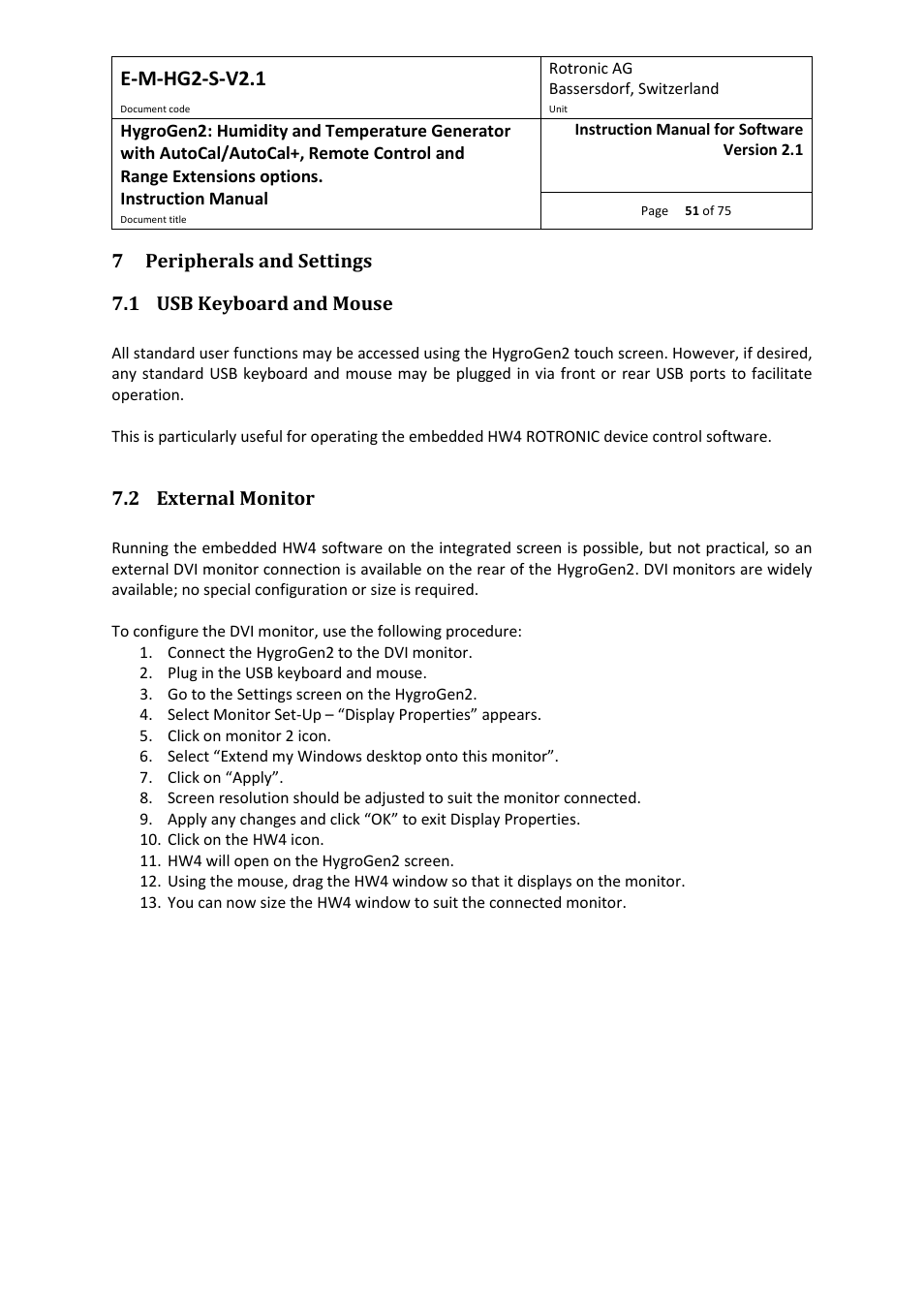 7 peripherals and settings, 1 usb keyboard and mouse, 2 external monitor | E-m-hg2-s-v2.1 | ROTRONIC Hygrogen2 User Manual | Page 55 / 75