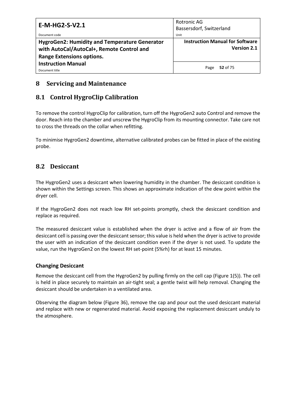 8 servicing and maintenance, 1 control hygroclip calibration, 2 desiccant | Section 8.2, Section 8.1, Control hygroclip calibration, E-m-hg2-s-v2.1 | ROTRONIC Hygrogen2 User Manual | Page 56 / 75