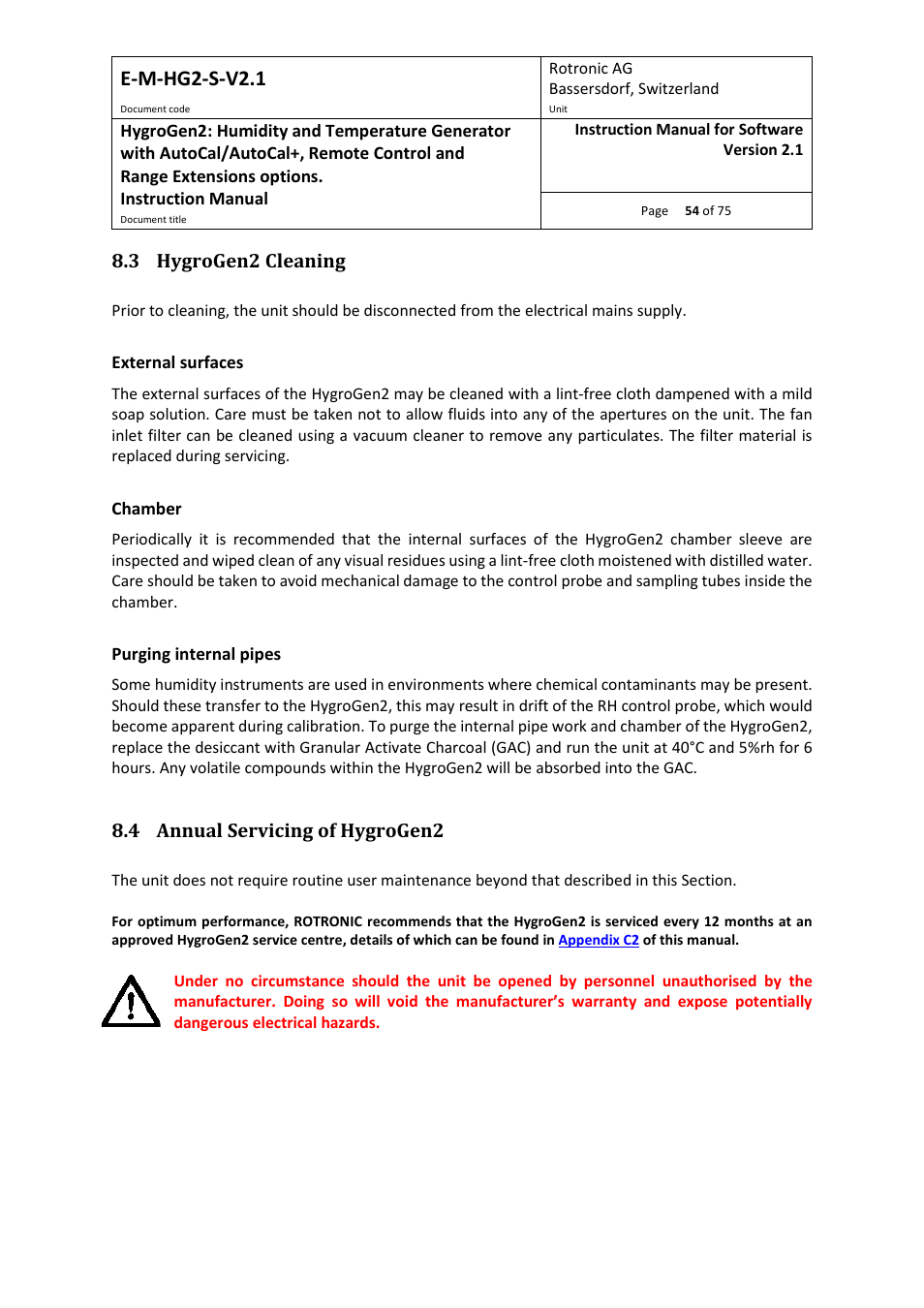 3 hygrogen2 cleaning, 4 annual servicing of hygrogen2, E-m-hg2-s-v2.1 | ROTRONIC Hygrogen2 User Manual | Page 58 / 75