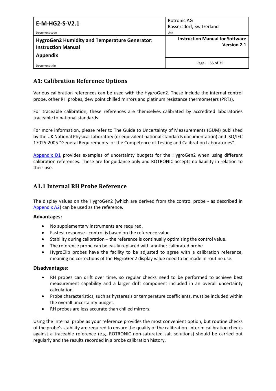A1: calibration reference options, A1.1 internal rh probe reference, Appendix a1 | E-m-hg2-s-v2.1 | ROTRONIC Hygrogen2 User Manual | Page 59 / 75