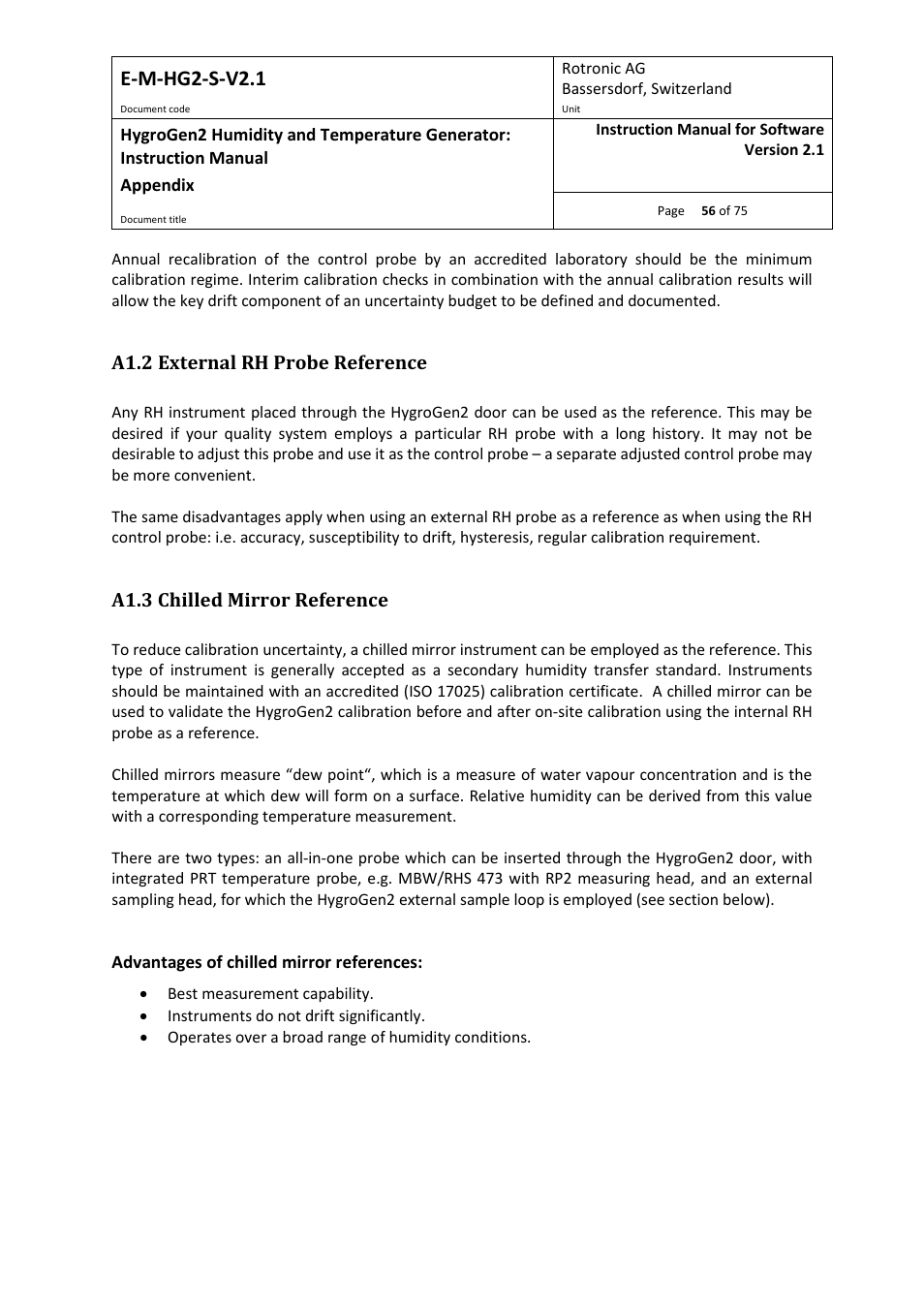 A1.2 external rh probe reference, A1.3 chilled mirror reference, Appendix a1.2 | Appendix, A1.3, E-m-hg2-s-v2.1 | ROTRONIC Hygrogen2 User Manual | Page 60 / 75