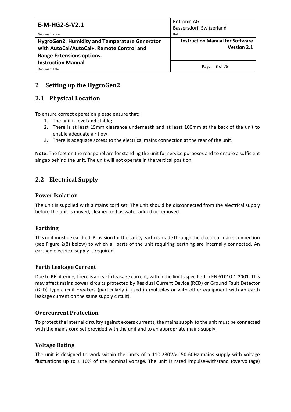 2 setting up the hygrogen2, 1 physical location, 2 electrical supply | E-m-hg2-s-v2.1 | ROTRONIC Hygrogen2 User Manual | Page 7 / 75