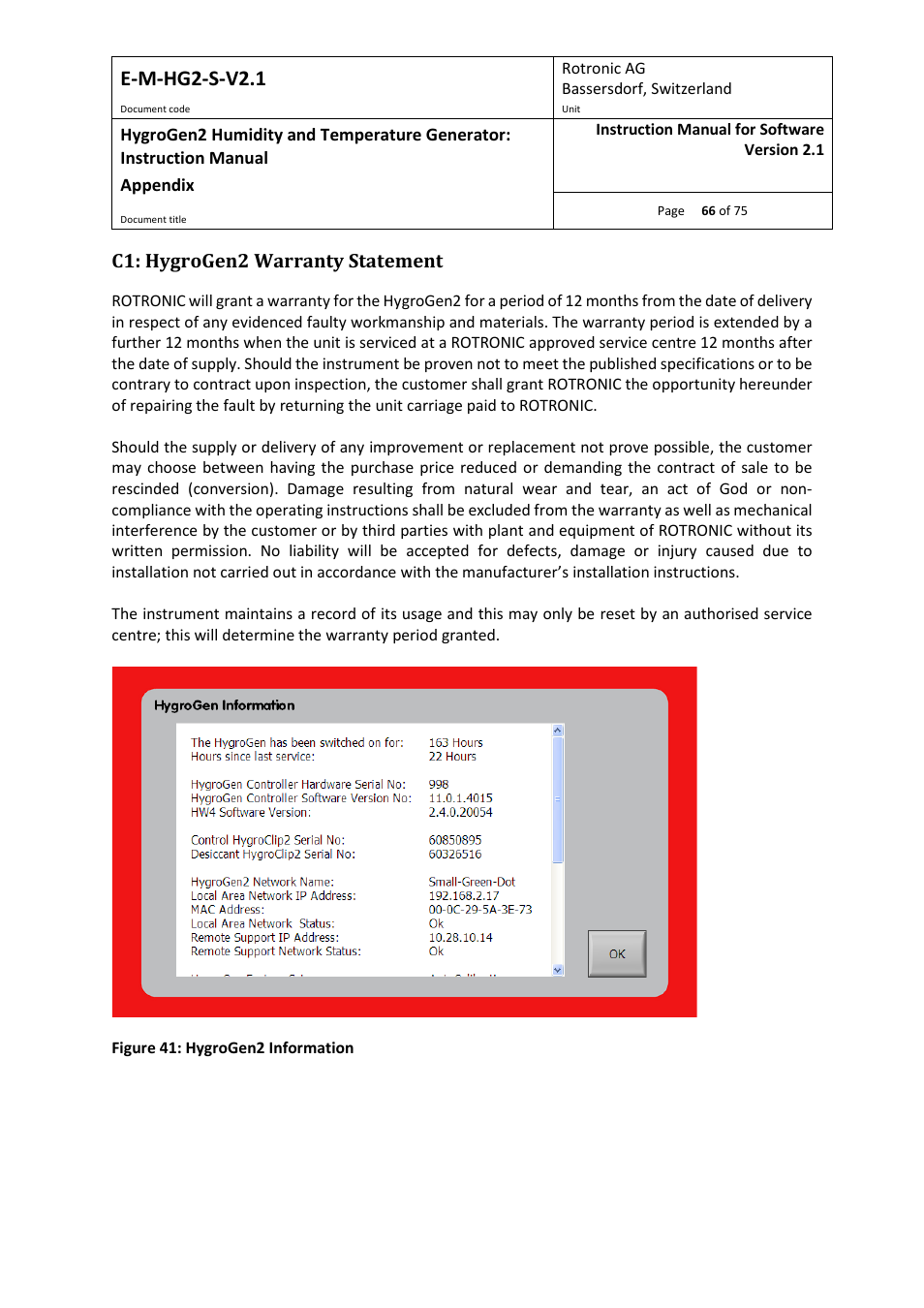 C1: hygrogen2 warranty statement, E-m-hg2-s-v2.1 | ROTRONIC Hygrogen2 User Manual | Page 70 / 75