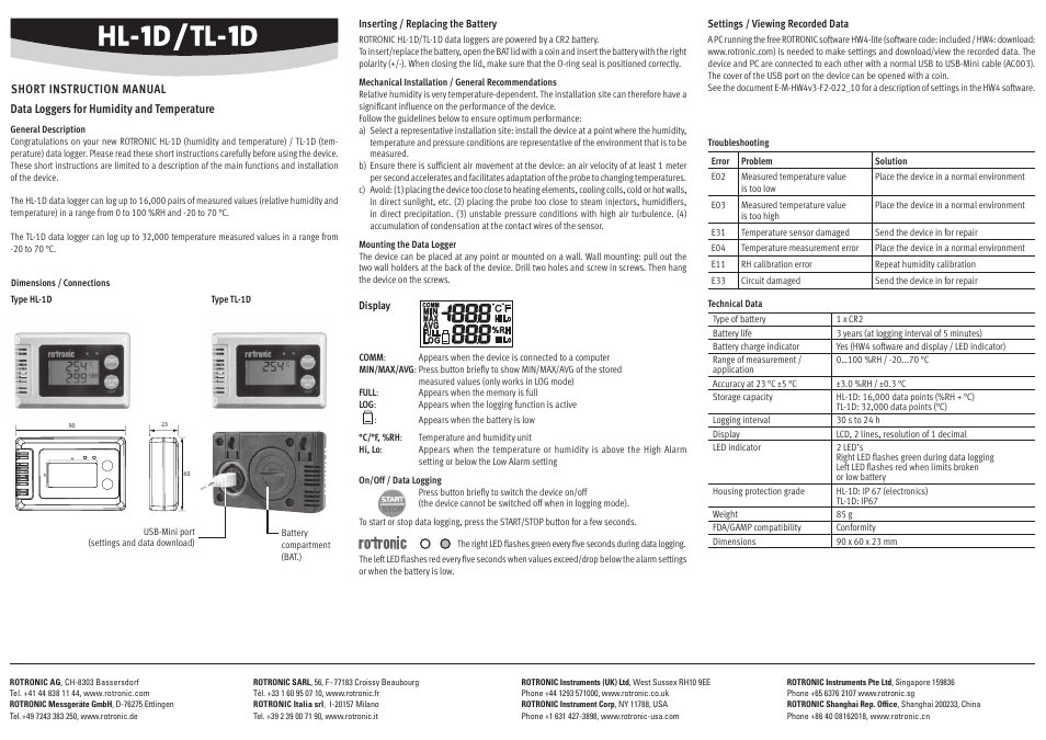 ROTRONIC HygroLog TL-1D User Manual | 4 pages