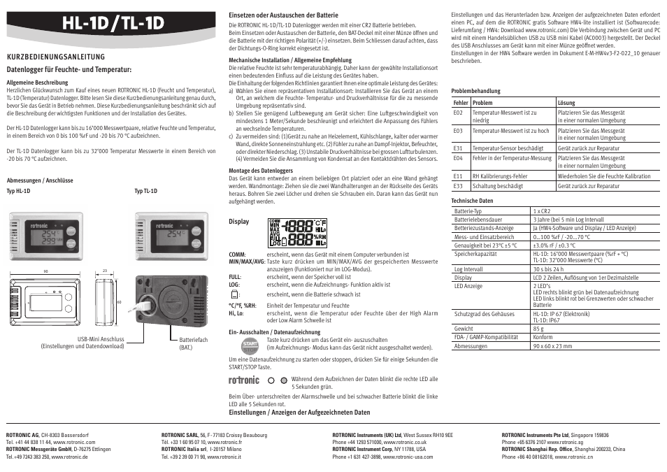 ROTRONIC HygroLog TL-1D User Manual | Page 2 / 4