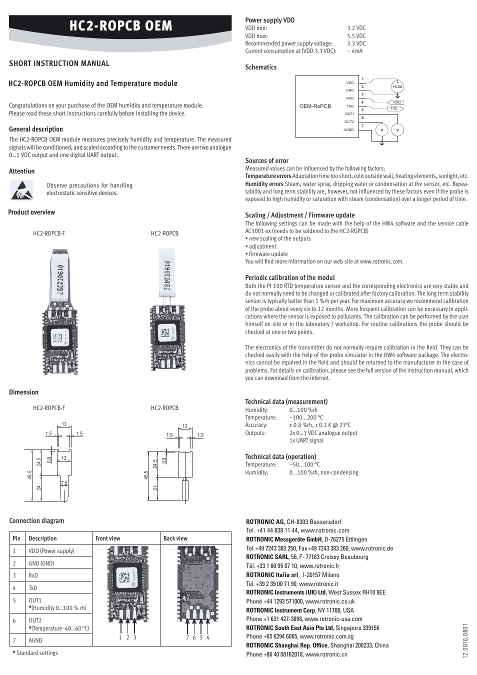 ROTRONIC HC2-ROPCB OEM User Manual | 1 page