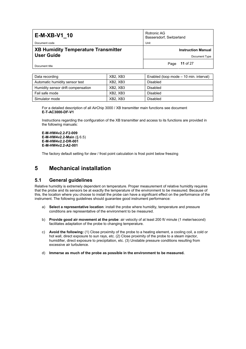 E-m-xb-v1_10, 5mechanical installation, Xb humidity temperature transmitter user guide | 1 general guidelines | ROTRONIC XB OEM User Manual | Page 11 / 27