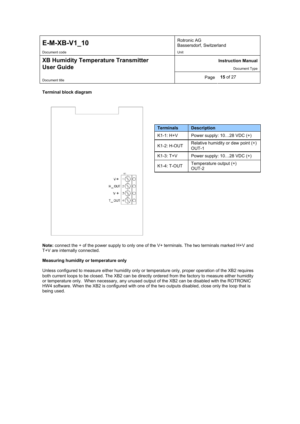 E-m-xb-v1_10, Xb humidity temperature transmitter user guide | ROTRONIC XB OEM User Manual | Page 15 / 27