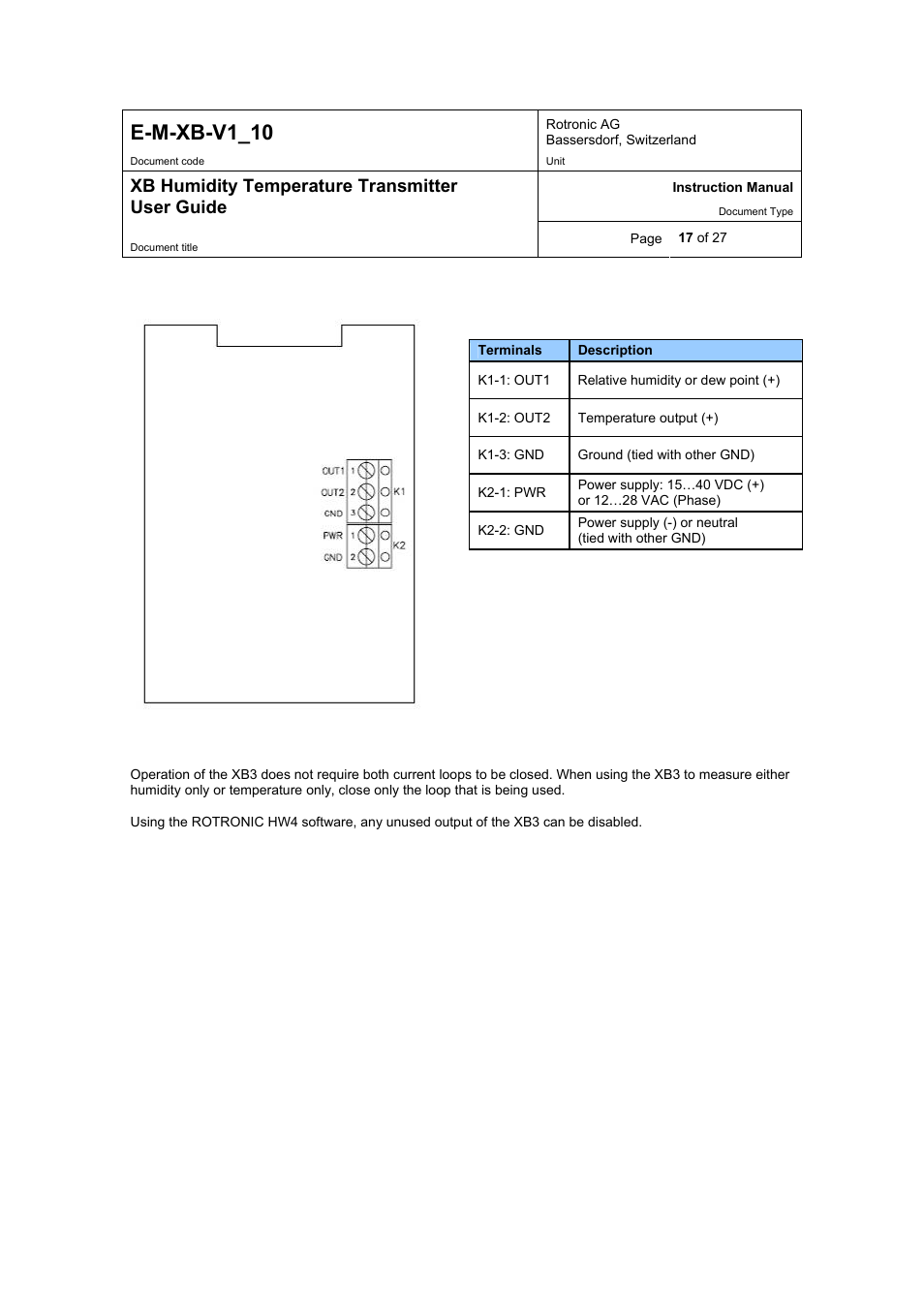 E-m-xb-v1_10, Xb humidity temperature transmitter user guide | ROTRONIC XB OEM User Manual | Page 17 / 27