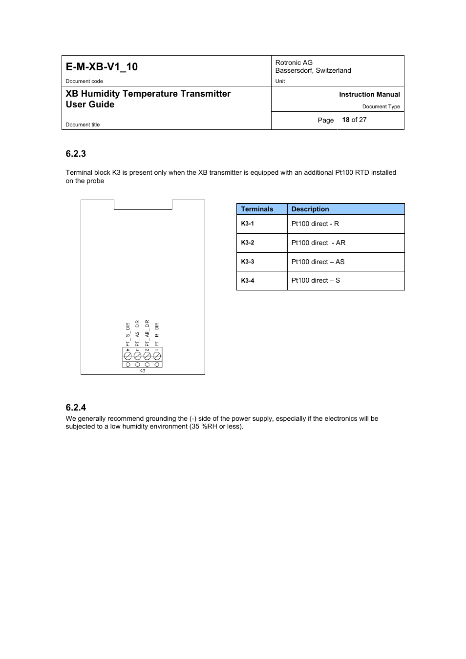 E-m-xb-v1_10, Xb humidity temperature transmitter user guide | ROTRONIC XB OEM User Manual | Page 18 / 27