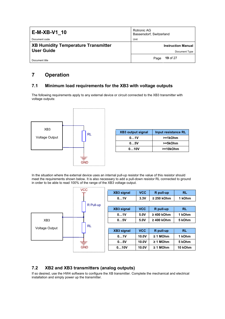 E-m-xb-v1_10, 7operation, Xb humidity temperature transmitter user guide | 2 xb2 and xb3 transmitters (analog outputs) | ROTRONIC XB OEM User Manual | Page 19 / 27